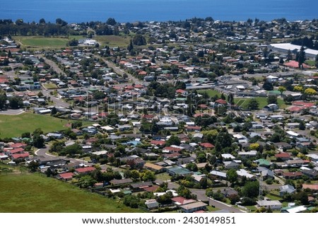 A Top down aerial view of the town of Rotorua, New Zealand.