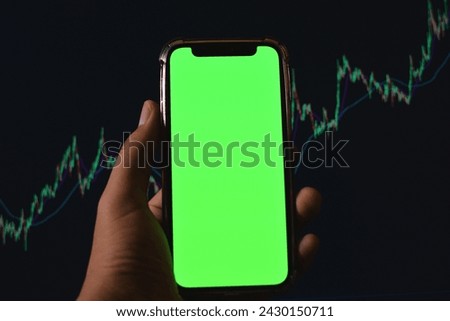 Green screen smartphone mockup, editable commercial banner - trademark with night up trend backgrond, bullish market.