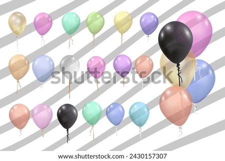 Balloon set isolated on transparent background. Vector realistic gold, silver, white, golden colorful and black festive 3d helium balloons