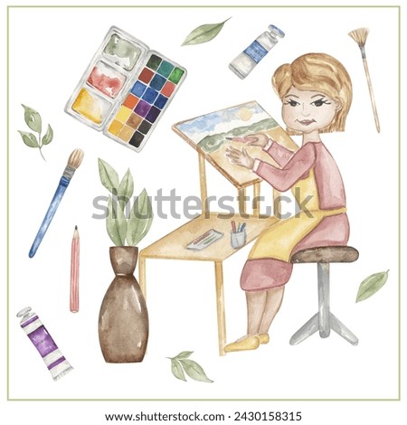 Watercolor artist clipart, hand drawn illustration. Illustrator working, kids school card clip art, educational, cute children graphics with professions.