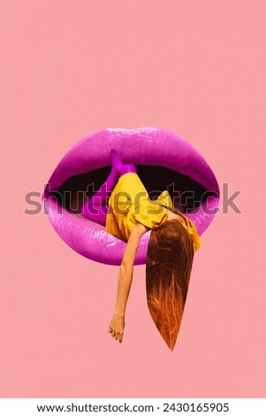 Contemporary art collage. Woman in yellow shirt and purple tights inside giant mouth with pink lips on peach background. Surrealistic art style. Concept of vintage things, mix old and modernity.