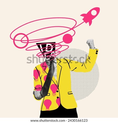 Modern aesthetic artwork. Man with pink whirlwind of personal brand development ideas instead of head trying to launch strategy Concept of business and finance, startup, corporate culture. Royalty-Free Stock Photo #2430166123