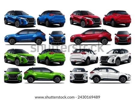 Vector Realistic Car Blueprint in blue, red, white and green colors with gradients and transparency, in front back and side view, all cars are manually traced.
