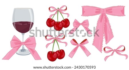 Vector Illustration of pink girly vintage bows, wine and cherry. Bow for hair decor flat. Elements isolated. Coquette aesthetic accessories. 