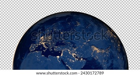 Planet earth photo at night on png background. City Lights of Europe, Asia and the Middle East from space, World map at night, satellite image. Elements of this image furnished by NASA.