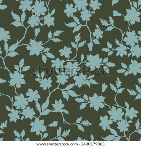 all over seamless floral vector small flowers leaves pattern on green background Royalty-Free Stock Photo #2430179803