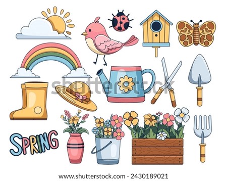 Illustration spring clip art collection featuring elements of flower arrangements, rainbows, ladybugs, birds, butterflies, boots, garden tools, and many more.	