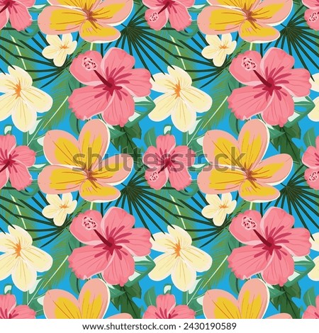 Seamless pattern with vibrant hibiscus, delicate plumeria and lush tropical leaves on blue background. For textile, paper, wallpaper, cards, prints.  Royalty-Free Stock Photo #2430190589