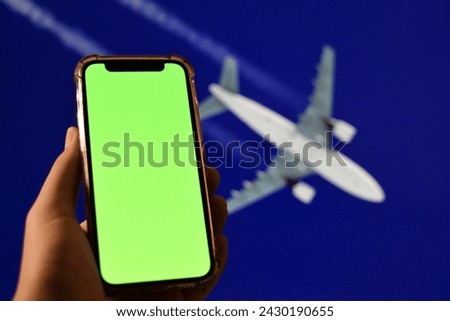 Green screen smartphone mockup, editable commercial banner - trademark with aviation airline business, season traveling background.