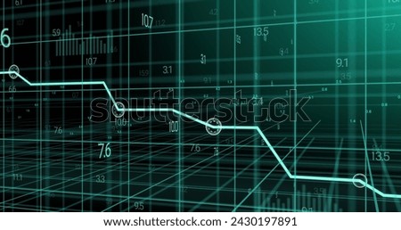 Image of blue graph and data processing over 3d grid. Global communication, business, finance and data interface concept digitally generated image.