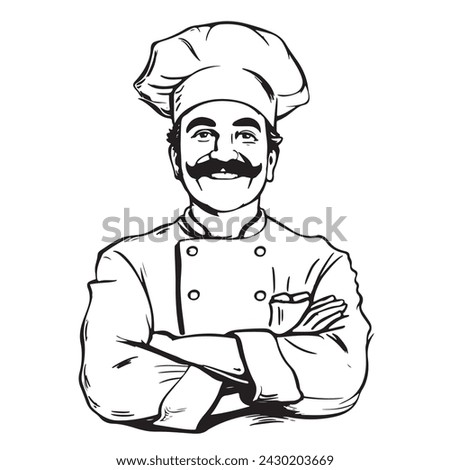 Happy chef in hat. Cross hands Sketch vector illustration