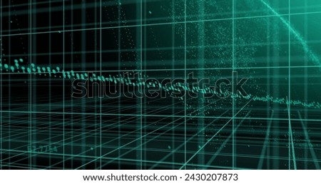 Image of blue graph and processing data over 3d grid on black background. Global communication, business, finance and data interface concept digitally generated image.