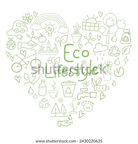 Eco lifestyle doodle icons in a form of big green hearts. Recycling, solar power, wind power, bicycle, tree, sprout. Green concept.
