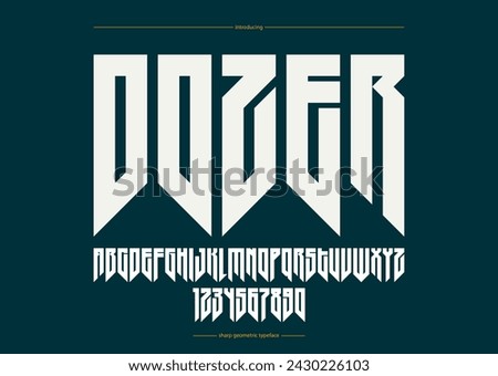 Sharp and bold vector display condensed font for logos, gothic or heavy metal style modern tall typeface, edgy hard rock letters and numbers alphabet for titles or slogans, heavy typography. Royalty-Free Stock Photo #2430226103