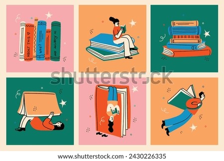 Book concepts set. Happy readers reading books and flying, laying , sitting everywhere. Flat trendy retro vector illustrations isolated on white background