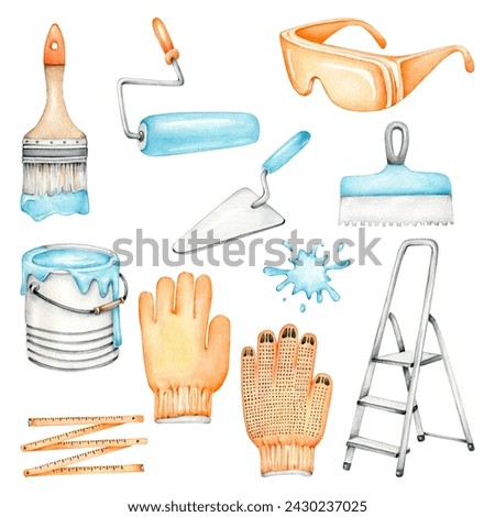 watercolor tools.repair elements.painting.Building equipment:paint brush,glasses,ruler,paint can,stairs,can of paint,putty knife,glovers,paint roller