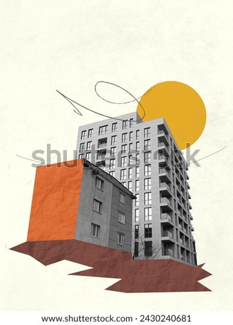 City Bulding Creative Art Collage. Retro Vintage Colors. Architecture Concept Artwork. Vector Elements Illustration. Advertisment Copy Space Design. Texture Background. Poster Flyer Banner Card Post Royalty-Free Stock Photo #2430240681