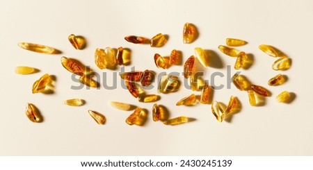 Natural Amber texture background, yellow orange colored stones with glare shadows on beige. Natural gemstone mineral material for jewelry. Transparent pieces gem Amber, photo pattern top view banner