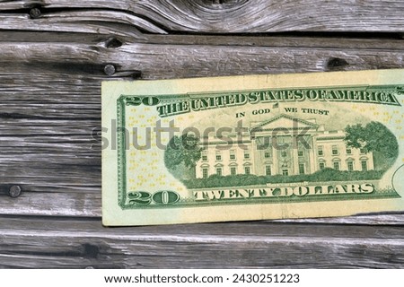 reverse side of 20 dollars portrait, twenty American dollars banknote background, United States dollars banknote USD with the photo of the white house on a wooden background, selective focus