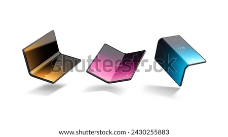 Turned on flexible book phone display mockup, different views, 3d rendering. Empty colored splash screen on foldable gadget mock up, isolated. Clear flexibility transforming device. 3D Illustration