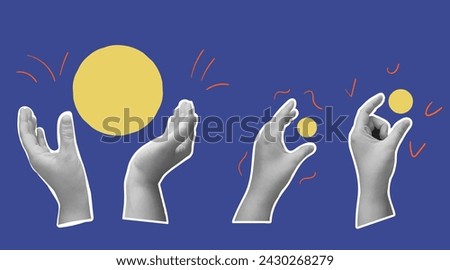 Hands collage set. Modern retro palms elements catch and hold abstract round shapes. Vector illustration.