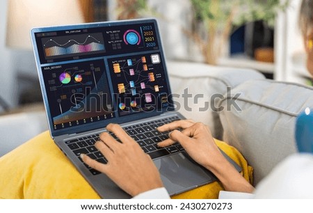 Human work on laptop display data visualizations, screen with charts, graphs, market analysis, strategic planning, big data, analysis, financial, performance and digital transformation in business