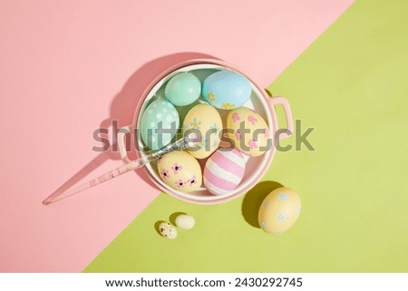 Set of colorful easter eggs painted with stripes and flowers flat design on pastel background. A paintbrush featured. Easter also means that people do not despair and believe in the afterlife