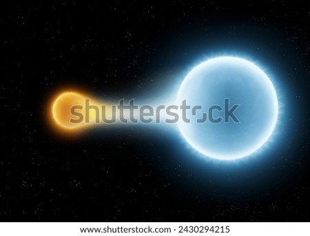 A blue giant is absorbing material from another star. Gravitational interaction between stars. Accretion process in space. Royalty-Free Stock Photo #2430294215