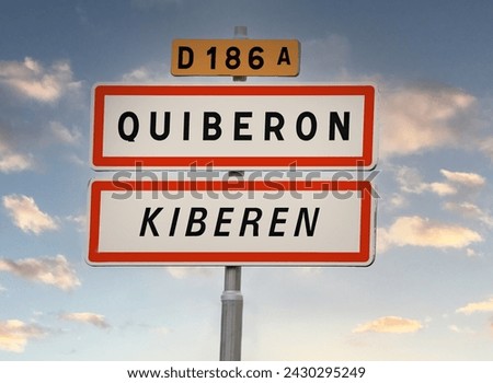 Quiberon. Town entrance sign in French and Breton. Morbihan. Bretagne