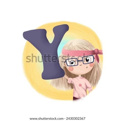 Cute little girl with letter Y. Colorful cartoon graphics. Learn alphabet clip art collection on white background