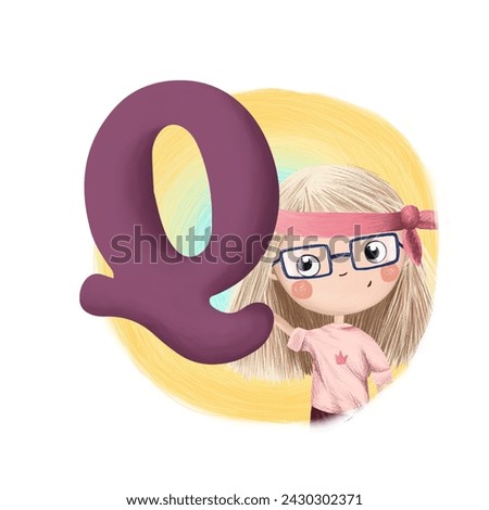 Cute little girl with letter Q. Colorful cartoon graphics. Learn alphabet clip art collection on white background