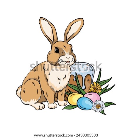 A hare sits near an Easter cake and eggs in flowers. Bright vector illustration for Easter card, print and sticker.