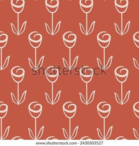 Cute hand drawn minimal linear flowers seamless vector pattern illustration on brown background