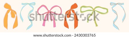 Bows. Collection of colorful bows, knots, gift bows. Bows in hand-drawn and cartoon style