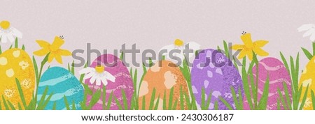 Seamless banner for Easter decoration. Trendy Easter vector illustration with hand drawn eggs, flowers and grass. Creative banner for design of party, flyer, celebration, branding, cover, card, sale.