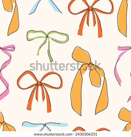 Seamless pattern of bows. Pattern of colorful bows, knots, gift bows. Bows in hand-drawn and cartoon style