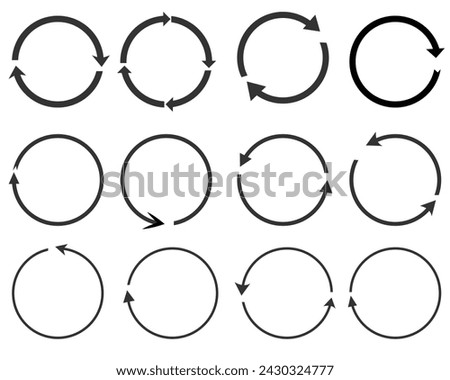 Set of circle arrows rotating on white background. Refresh, reload, recycle, loop rotation sign collection. Black circle arrows for infographics web design. Vector illustration flat style clip art 2 3