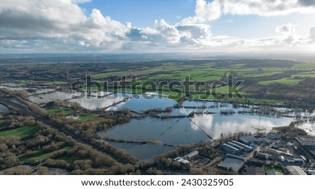 Aerial view of the marshes and lagoons of Oxford, upper river waters of the medieval city in England