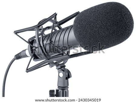 Microphone. Professional dynamic or condenser microphone. Radio broadcasting or podcast microphone with shock or anti vibration mount on stand. Mic with windshield. Recording voice, music or song