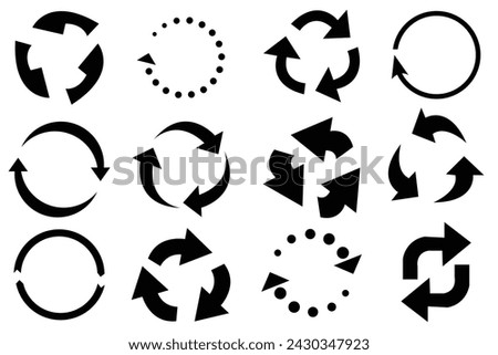 Set of circle arrows rotating on white background. Refresh, reload, recycle, loop rotation sign collection. Black circle arrows for infographics web design. Vector illustration flat style clip art 40