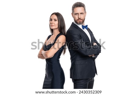 Romantic couple spending time together. Two of man and woman on valentines day. Lovely couple dating. Woman in dress and man in suit with bowtie. Elegant couple isolated on white. Glamorous companion Royalty-Free Stock Photo #2430352309