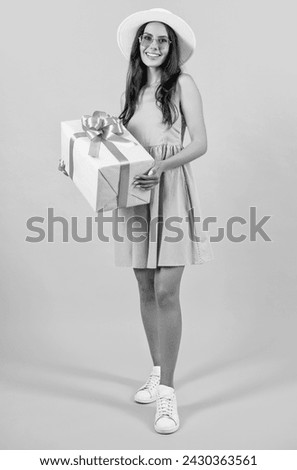 happy birthday woman hold present on background. photo of birthday woman hold present