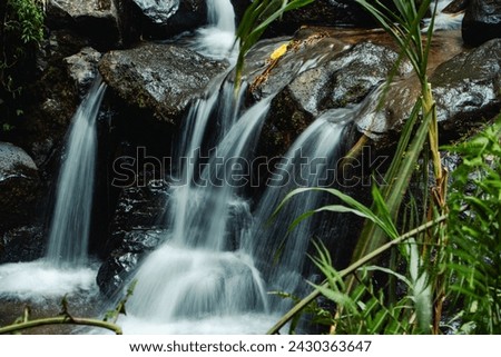 This unspoiled seasonal waterfall in the middle of the wilderness is called the Grenjengan Kembar waterfall. Detailed photos of the waterfall using a slow shutter speed technique Royalty-Free Stock Photo #2430363647