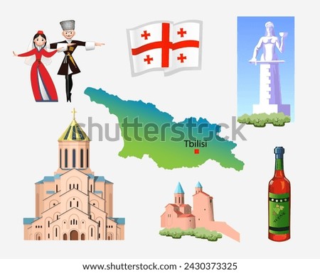 Georgia. Outline of the country, architecture and national clothing. Set of clip arts illustration