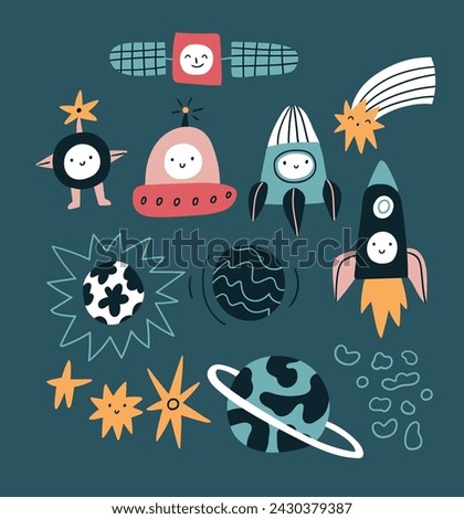 Stylish space clip art in cartoon style. Funny astronauts, planets, stars and rocket ships. Stylish hand drawn childish design elements. Space traveling illustration on dark blue background