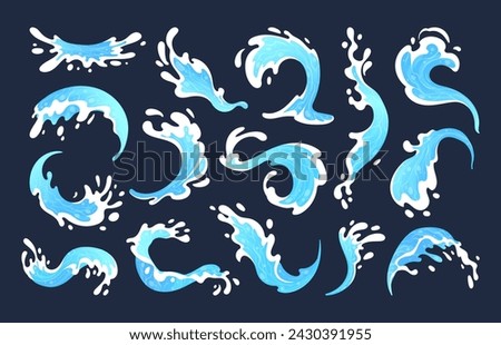 Aqua water splash. Liquid water drops, blue transparent splashes, water flows and waves flat vector illustration set. Clean water splash collection