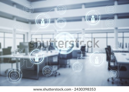 Abstract virtual social network hologram on a modern furnished classroom background. Double exposure