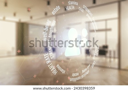 Abstract virtual people icons sketch on a modern furnished office interior background, life and real estate insurance online concept. Double exposure