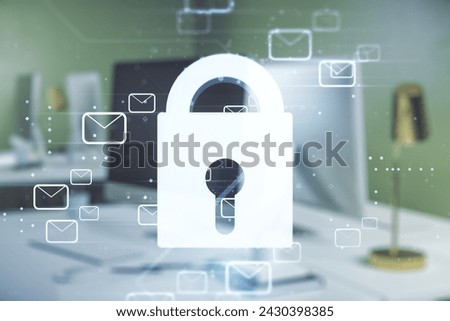 Creative concept with lock symbol and postal envelopes illustration on modern laptop background. Protection and firewall concept. Multiexposure