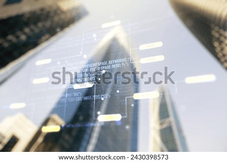 Multi exposure of abstract graphic coding sketch on modern architecture background, big data and networking concept
